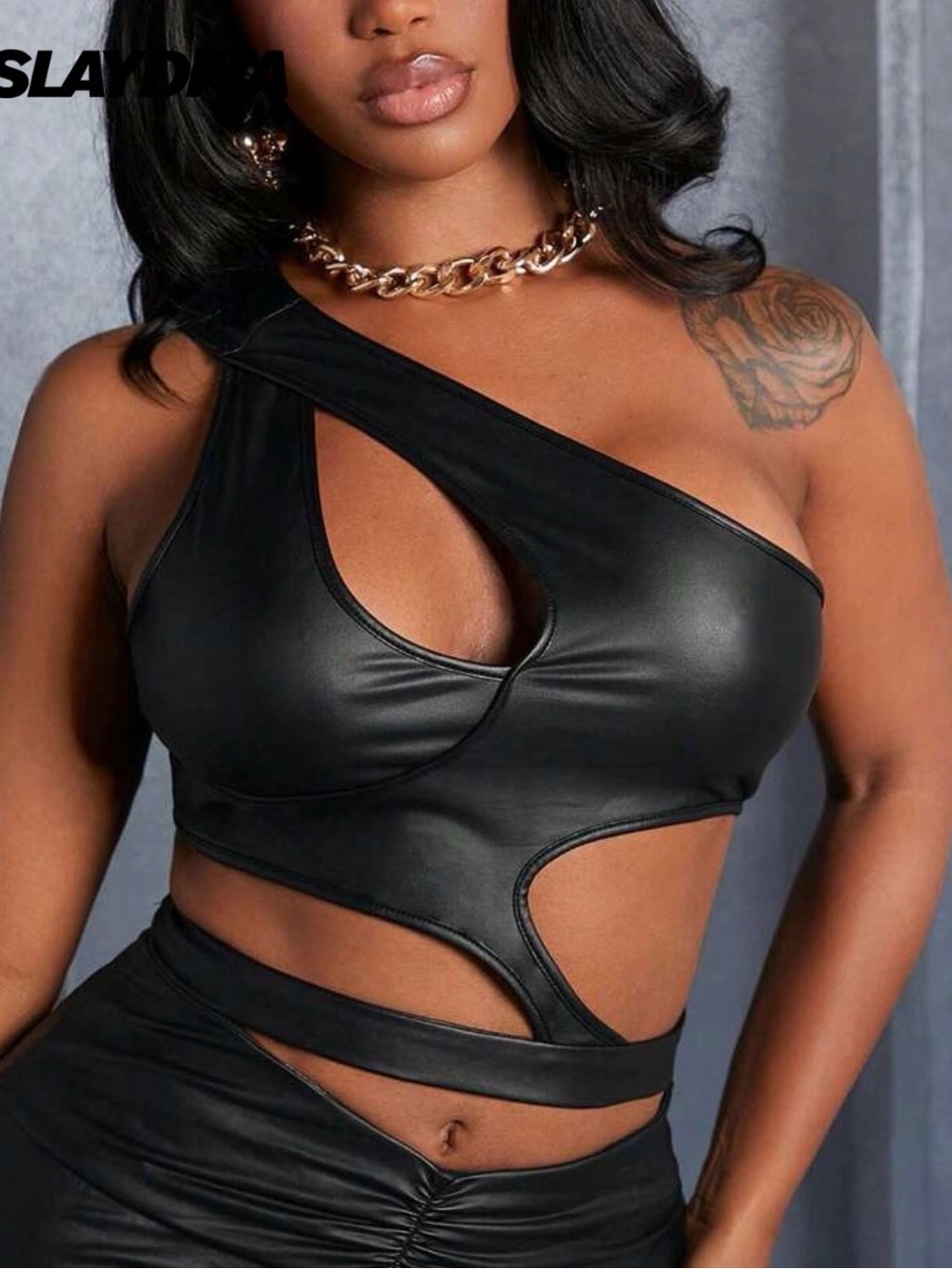 Black One-Shoulder Cutout Vegan Leather Crop Top